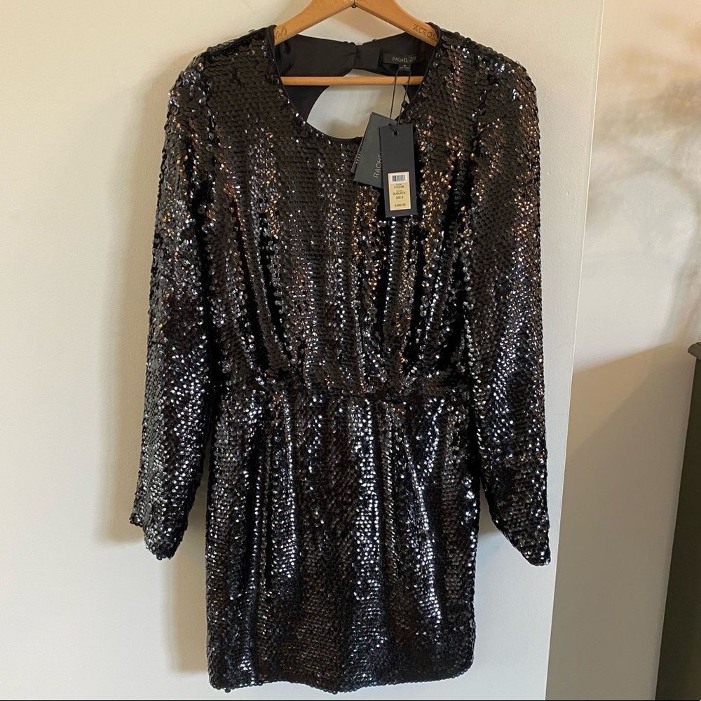 Rachel Zoe Long Sleeve Black Sequined Mini Dress Open Back $450 Retail Size 8 - Picture 10 of 12